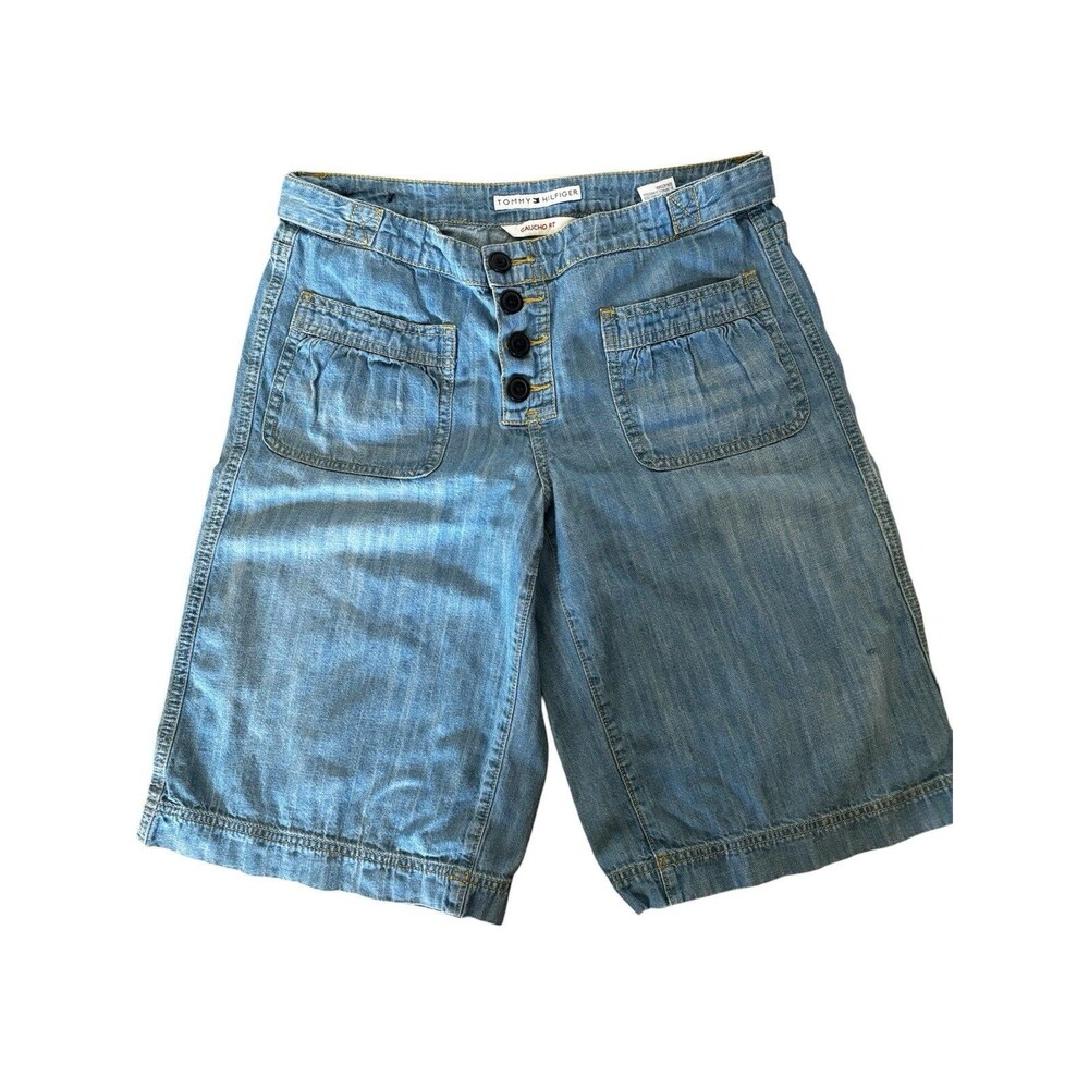 Vtg Y2K Tommy Hilfiger Gaucho Fit Long Jean Shorts, Patch Pockets Lightweight 10